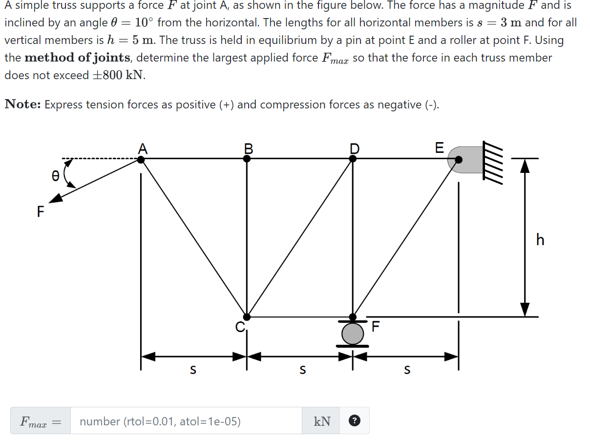 A simple truss supports a force \ ( F \ ) at