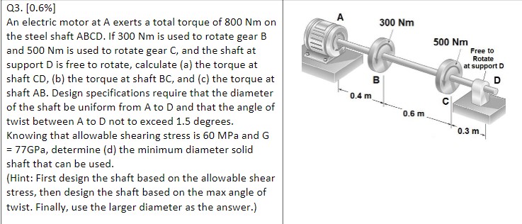Q 3 . [ 0 . 6 \ % ] An electric motor at A exerts
