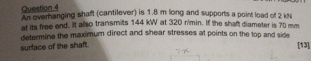 Question 4 An overhanging shaft ( cantilever ) is