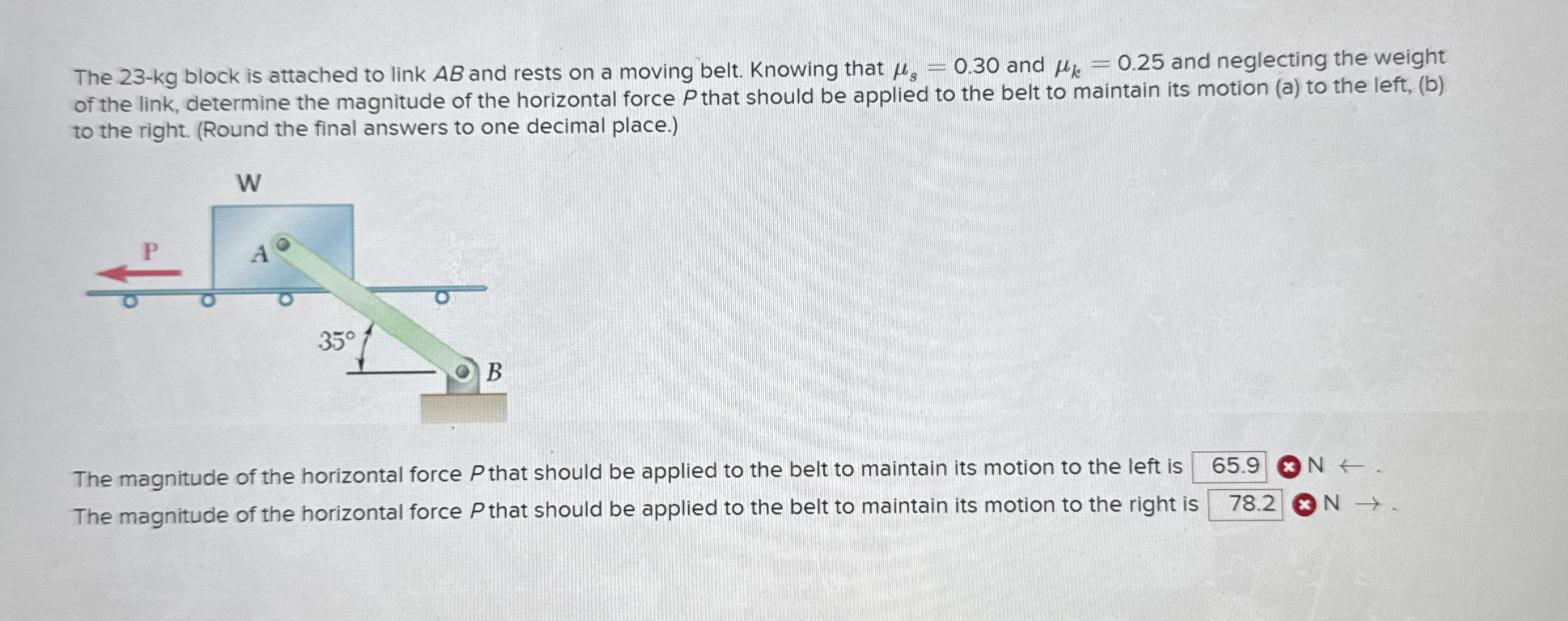 The 2 3 - k g block is attached to link A B and