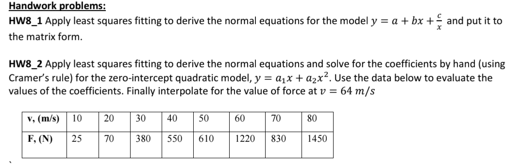 Handwork problems: HW 8 _ 1 Apply least squares