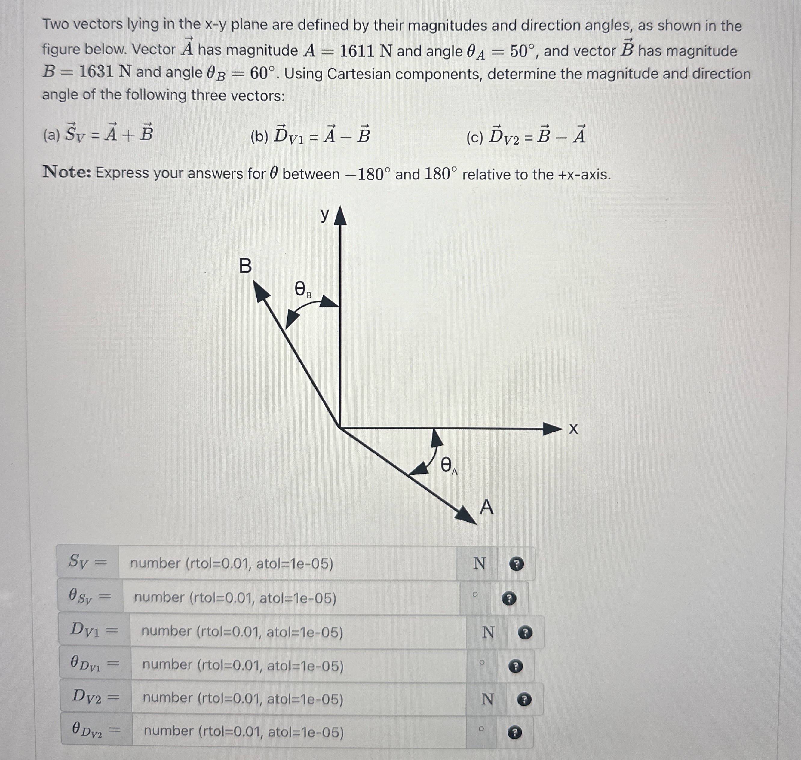 Two vectors lying in the x - y plane are defined