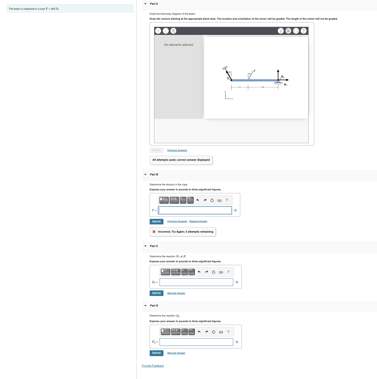 The beam is subjected to a load \ ( F = 3 5 0 \
