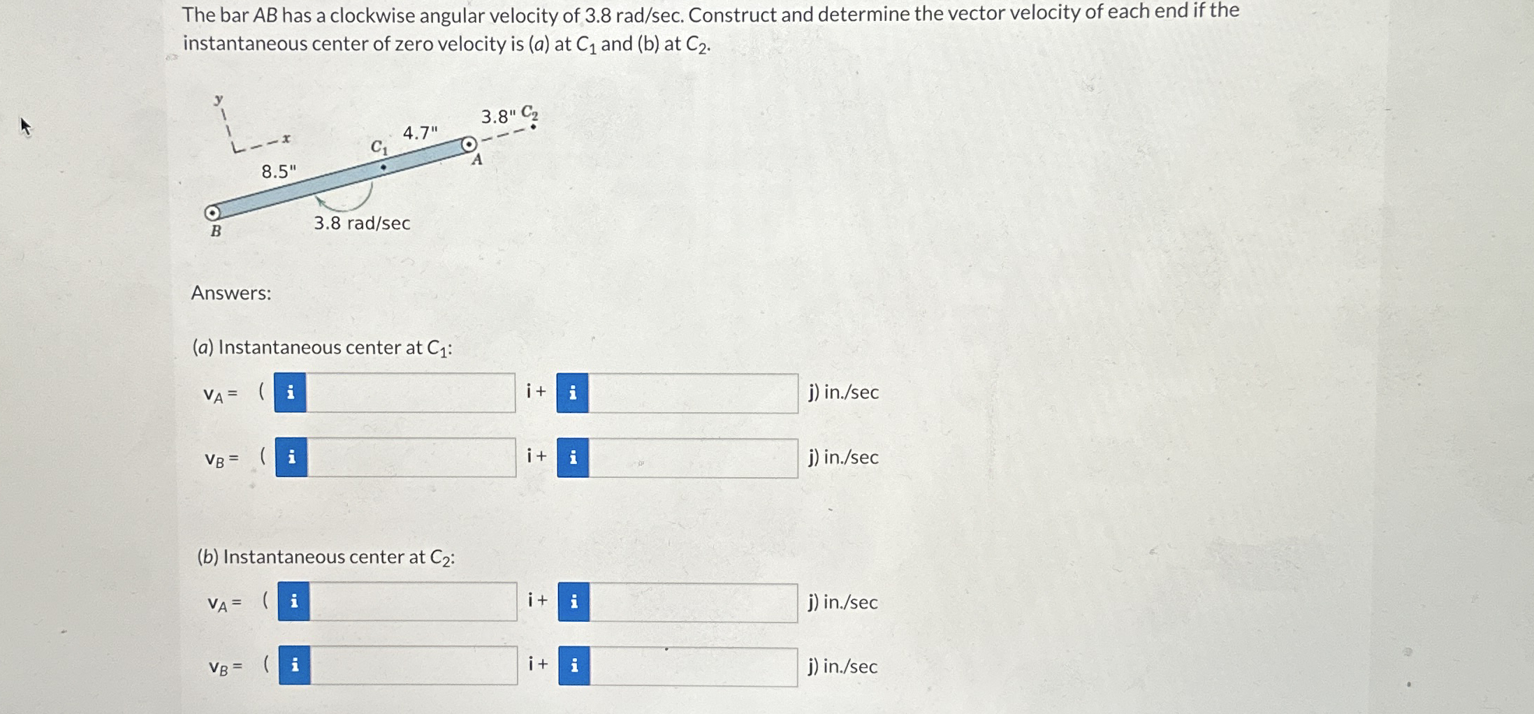 The bar A B has a clockwise angular velocity of 3