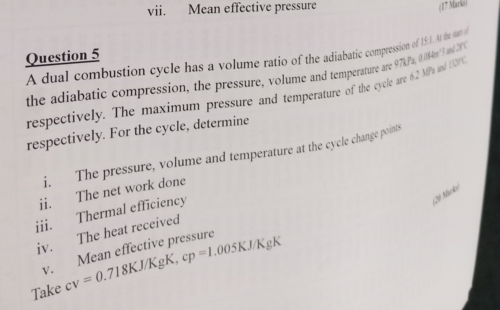 vii. Mean effective pressure Question 5 the