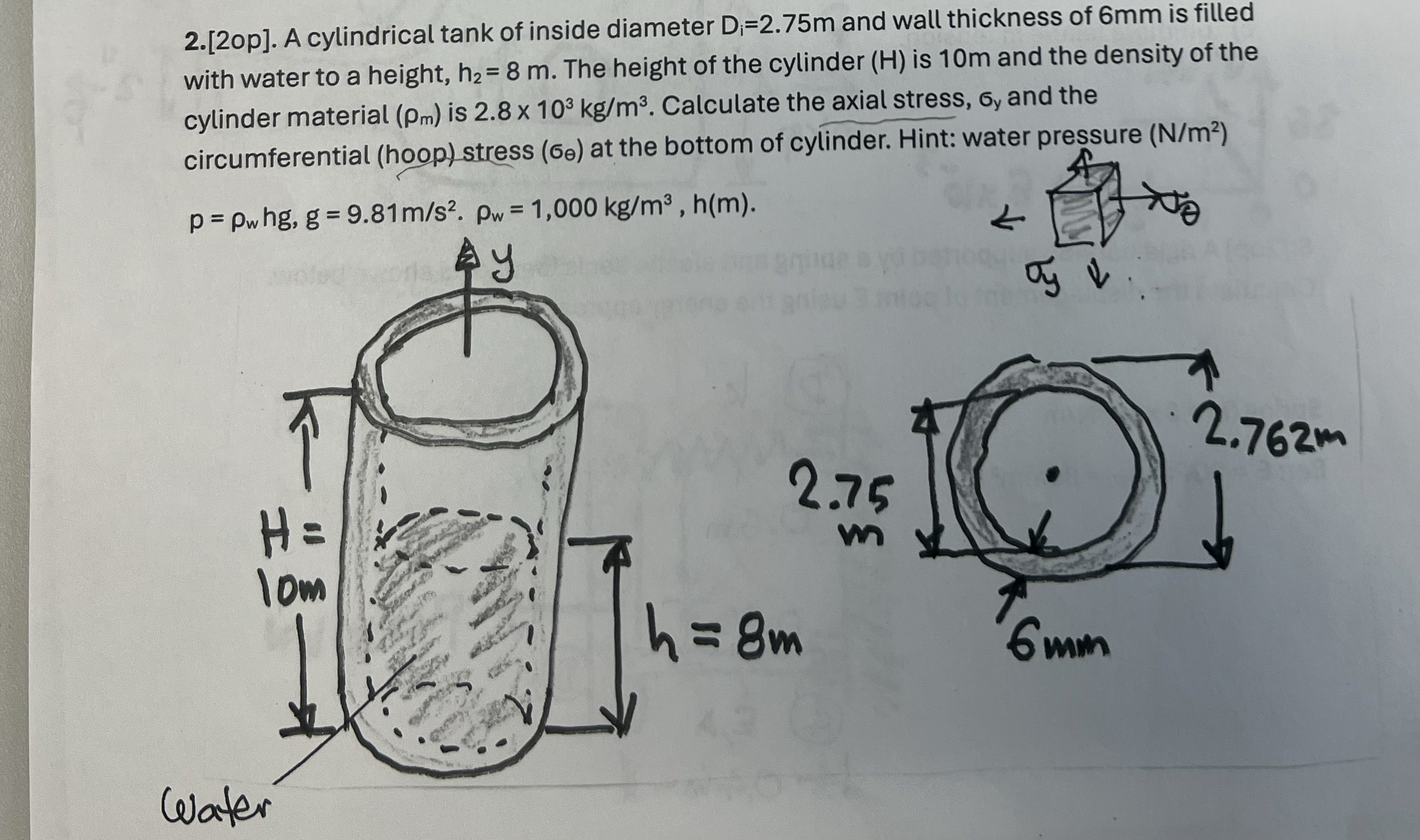 2 . [ 2 0 p ] . A cylindrical tank of inside