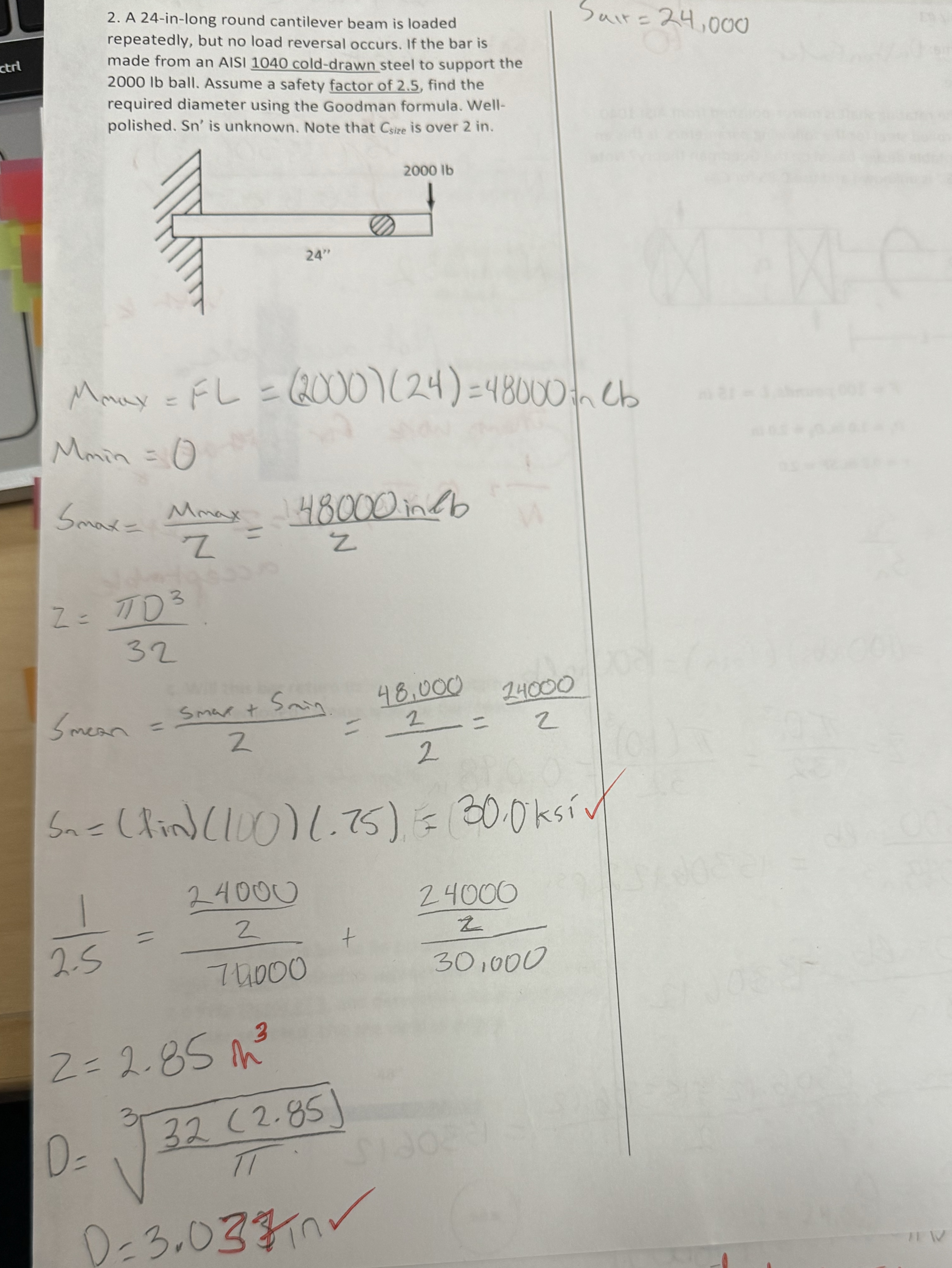 A 2 4 - in - long round cantilever beam is loaded