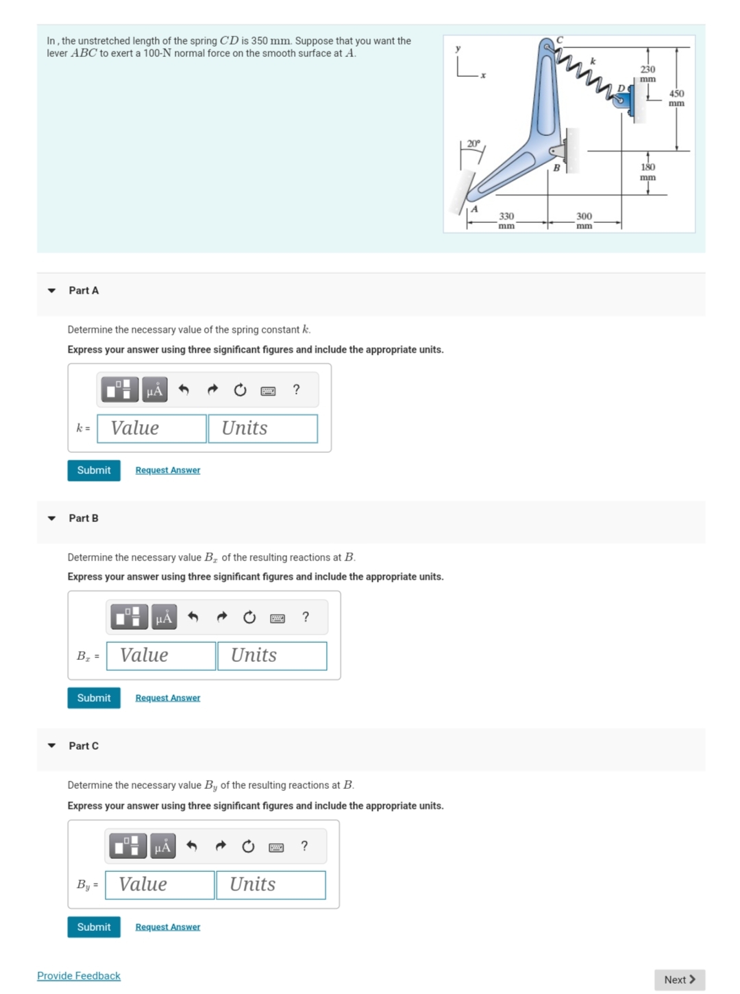 In , the unstretched length of the spring C D is