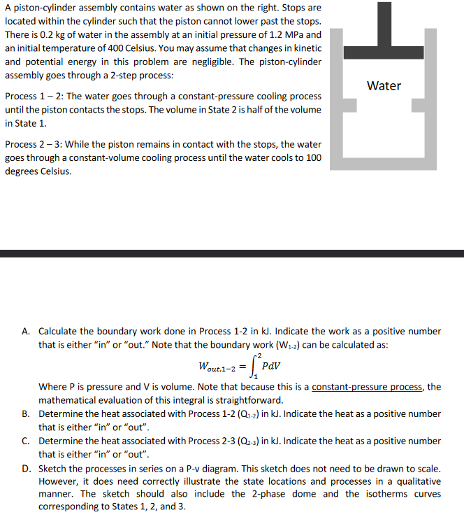 A piston - cylinder assembly contains water as