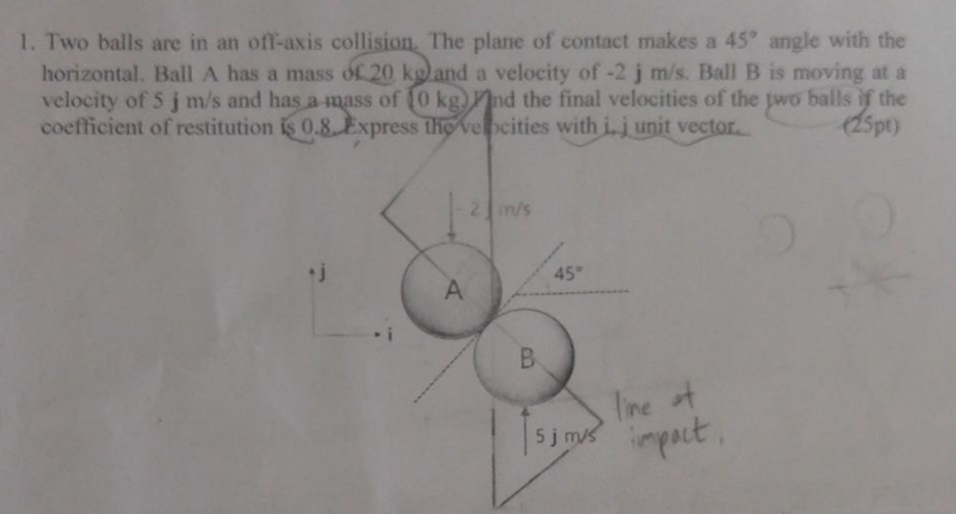 Two balls are in an off - axis collision. The