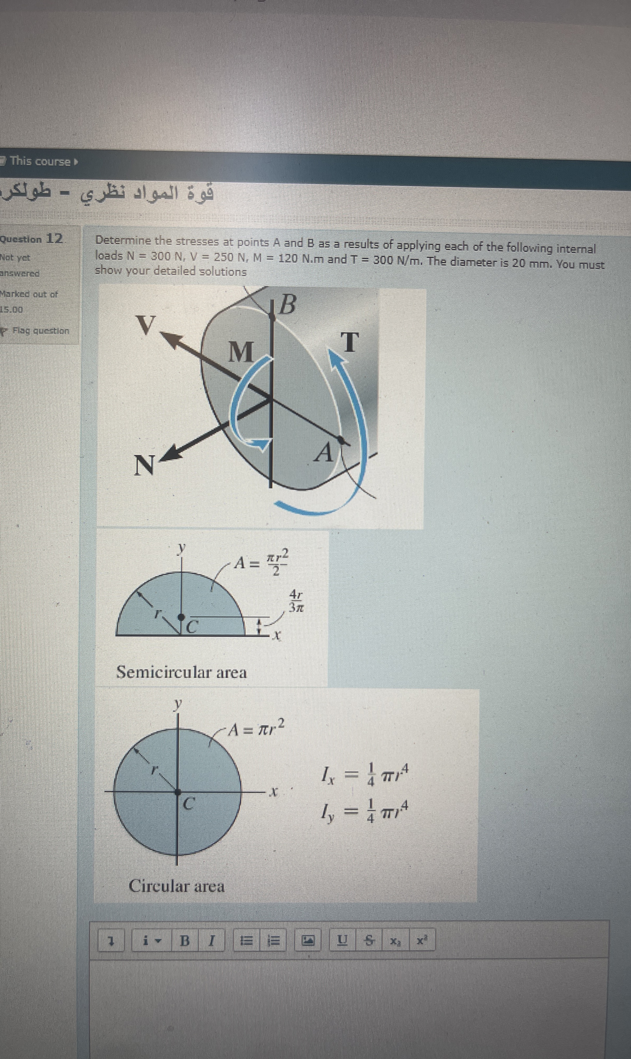Determine the stresses at points A and B as a