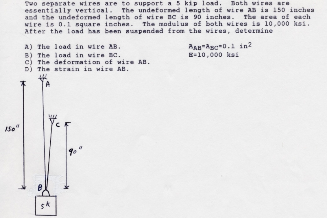 Two separate wires are to support a 5 kip load.