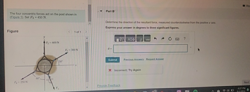 The four concentric forces act on the post shown