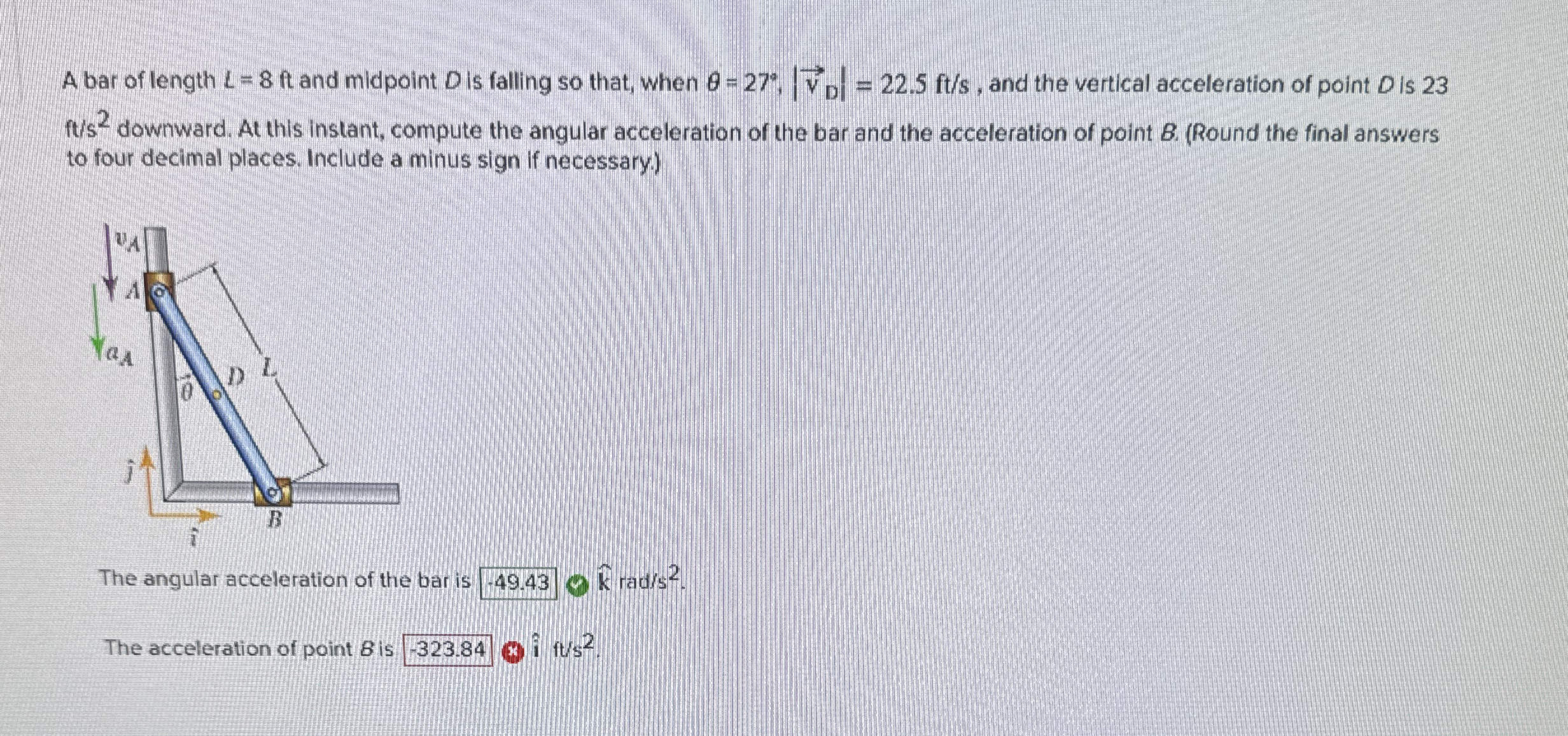 A bar of length L = 8 ft and midpoint D is