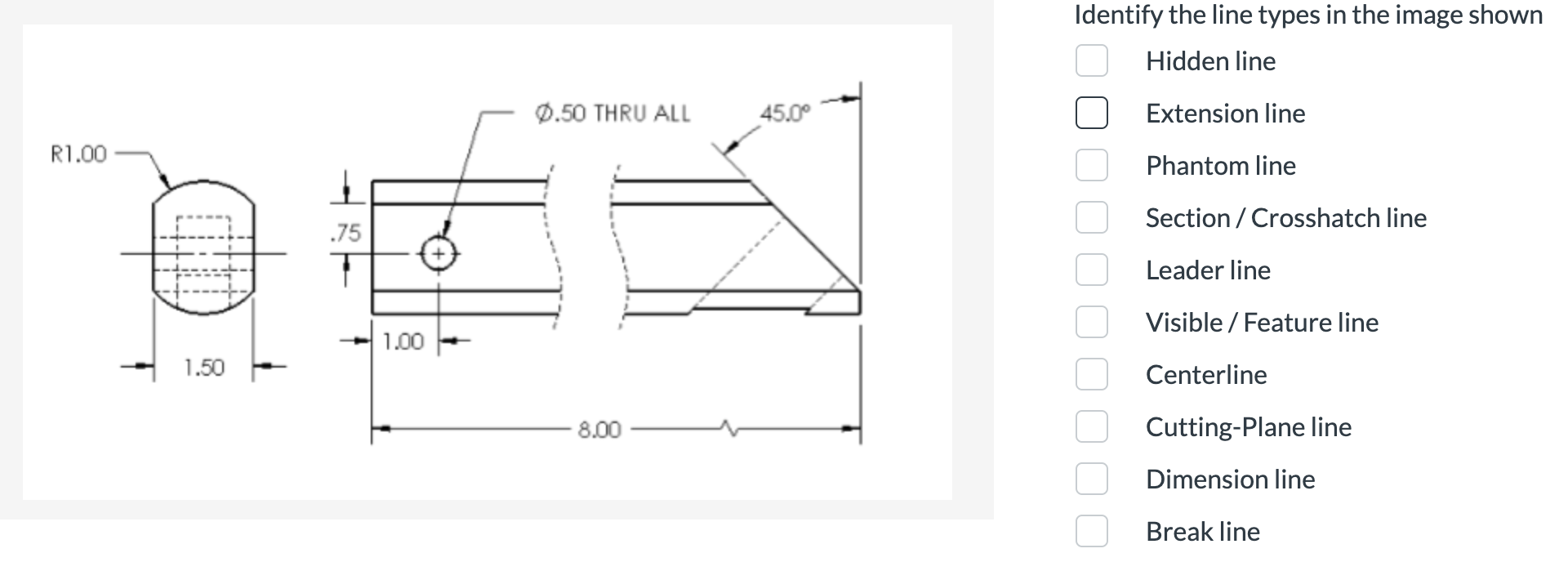 Identify the line types in the image shown Hidden
