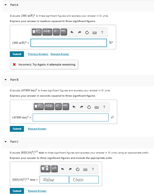 Part A Evaluate ( 3 9 5 m N ) 2 to three