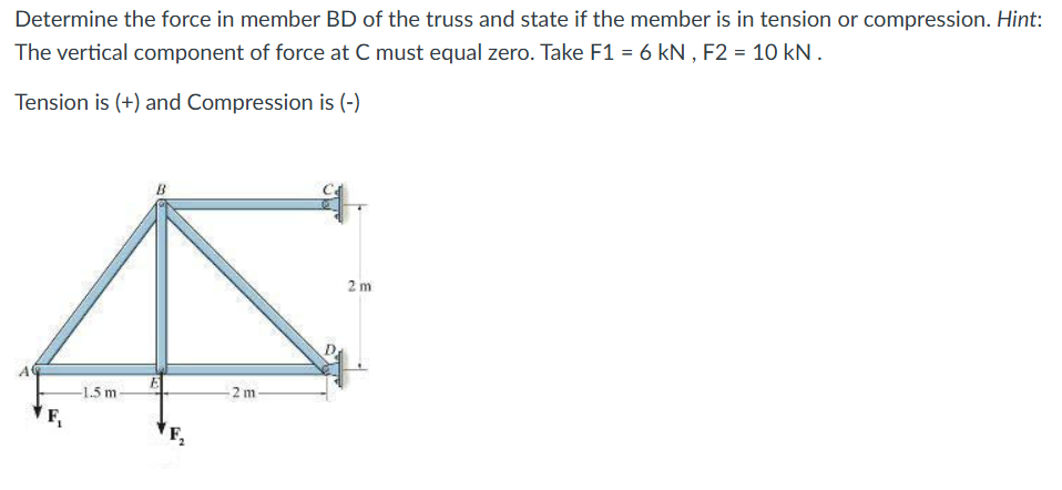 Determine the force in member BD of the truss and