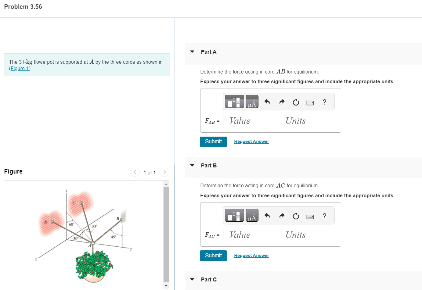 The 3 1 - kg flowerpot is supported at A by the