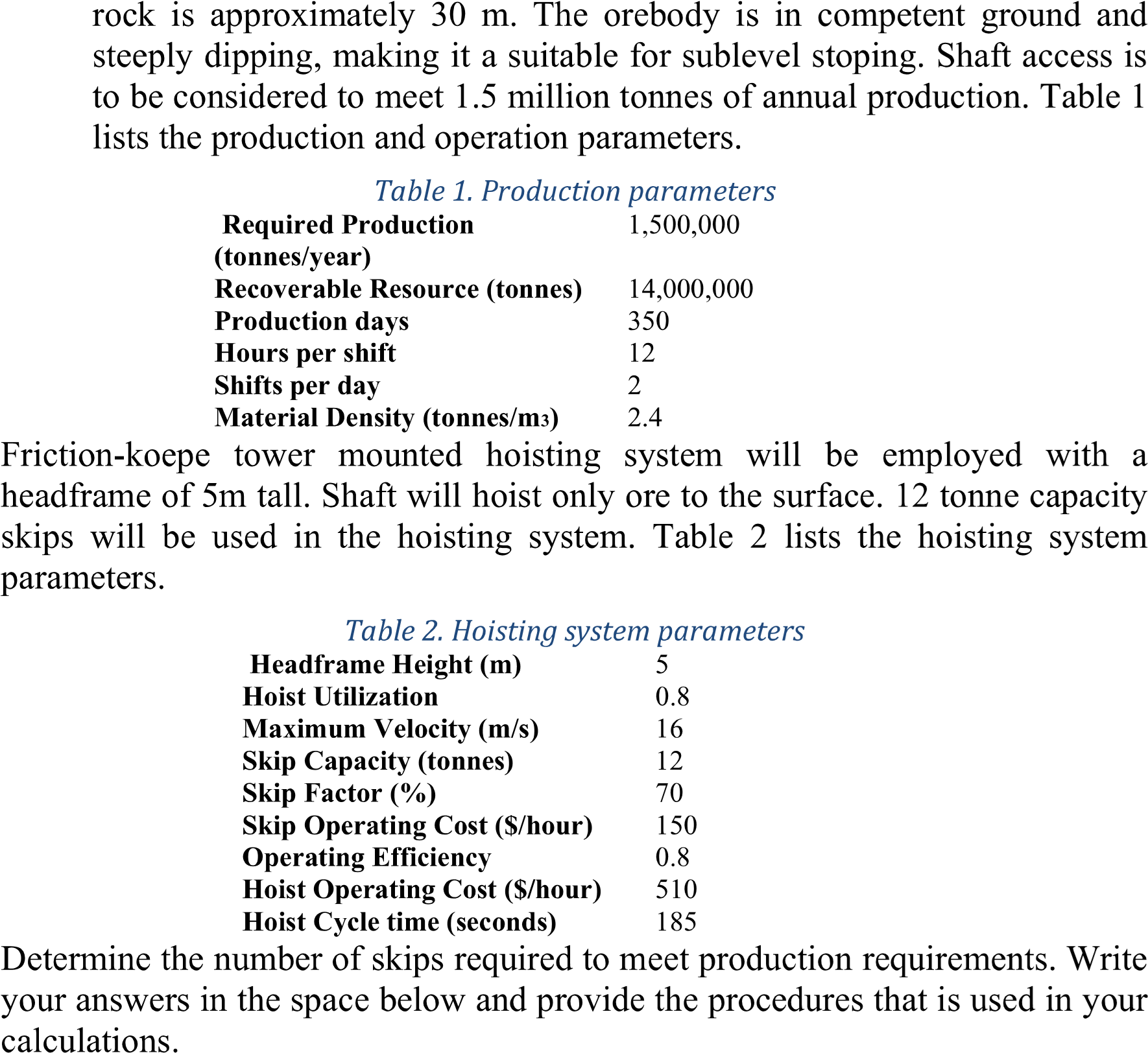 Table 1 . Production parameters Table 2 .