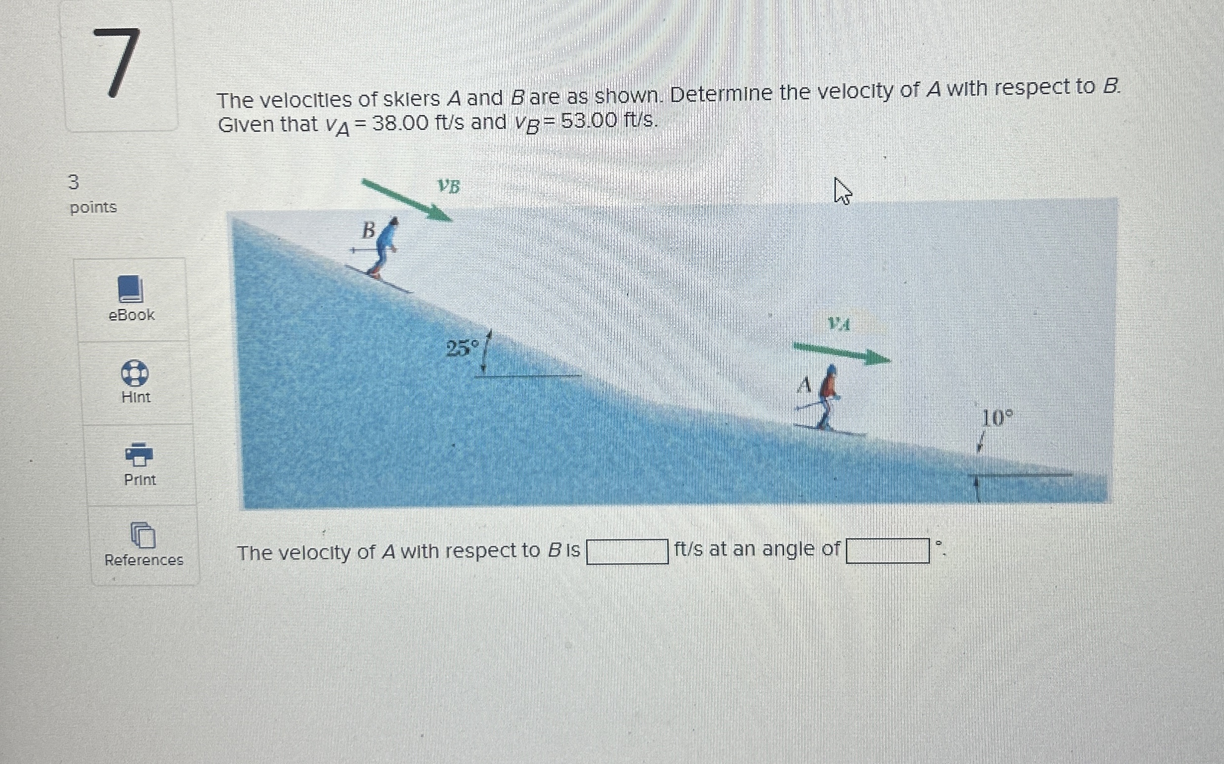 The velocities of skiers A and B are as shown.