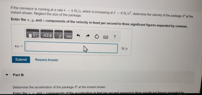 At the instant shown, the arm O A of the conveyor