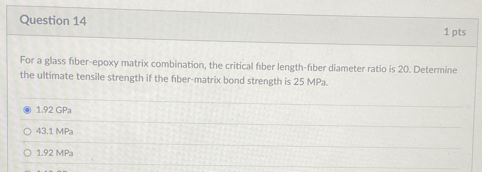 Question 1 4 1 pts For a glass fiber - epoxy