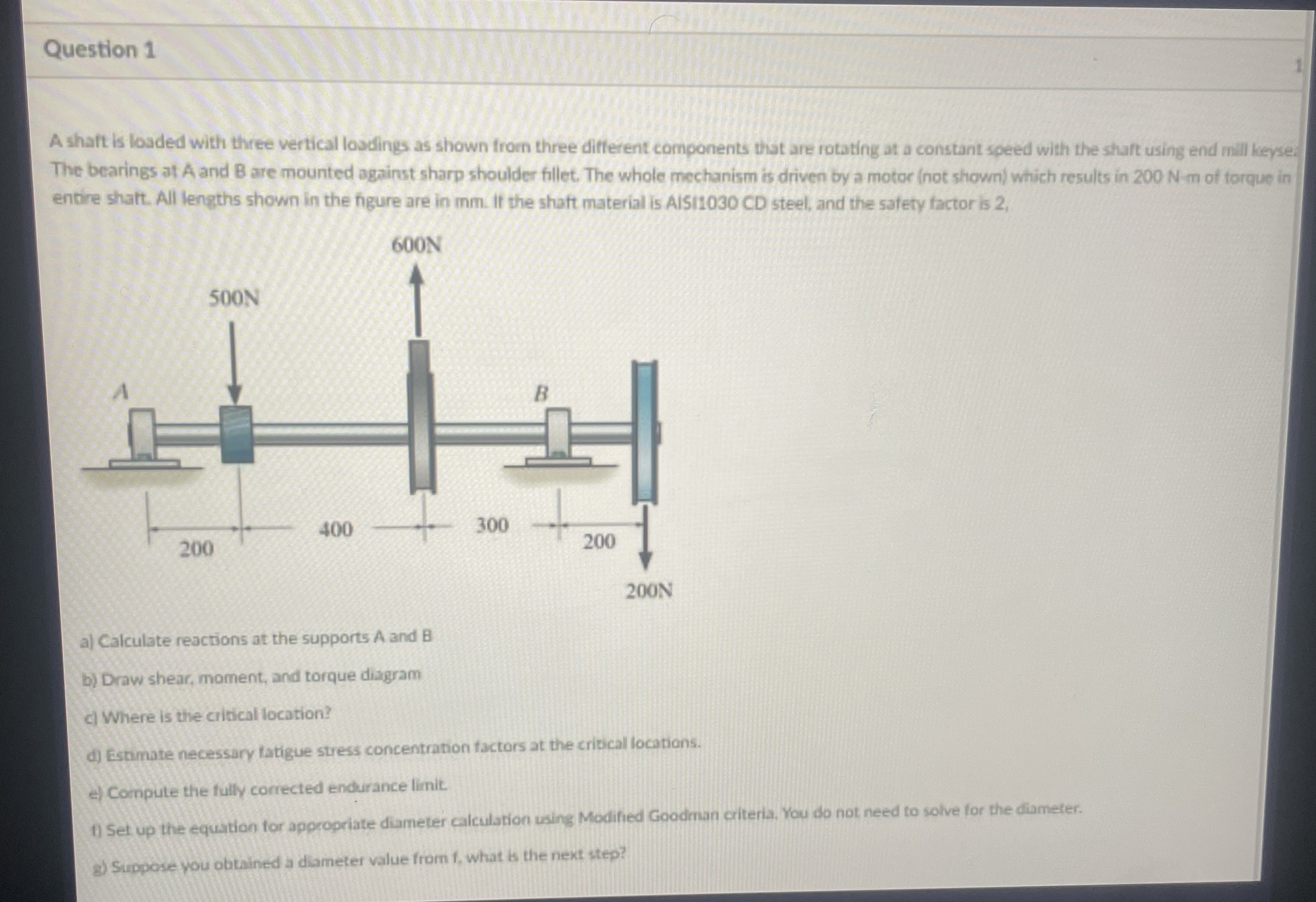 Question 1 A shaft is loaded with three vertical