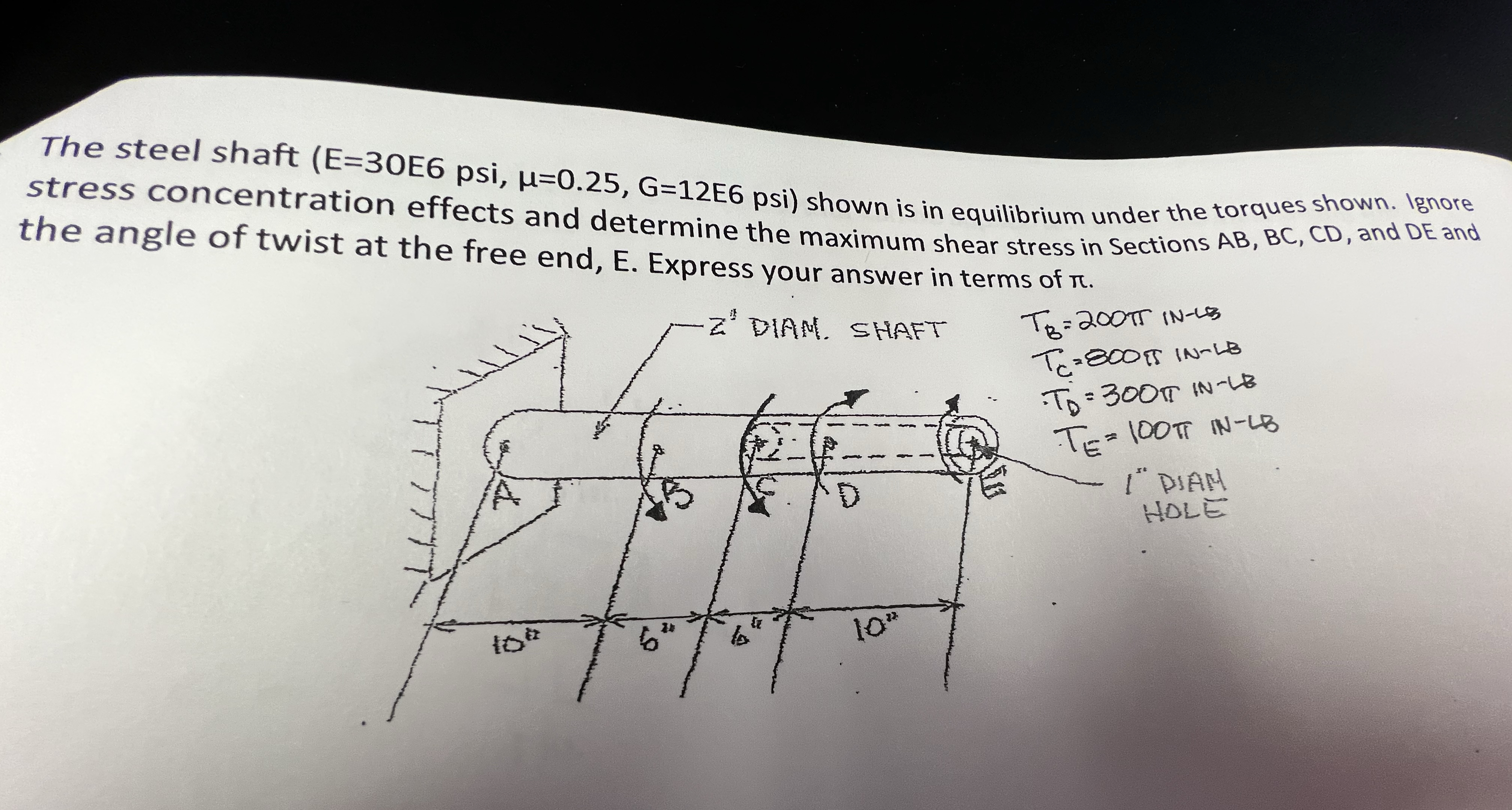 The steel shaft ( E = 3 0 E 6 , = 0 . 2 5 , G = 1
