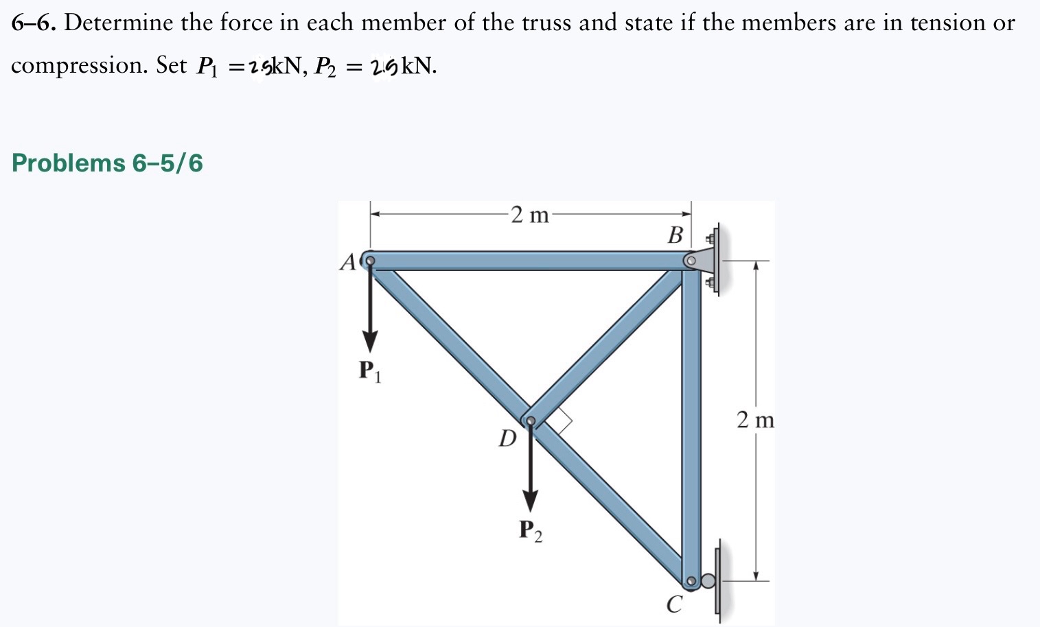 6 - 6 . Determine the force in each member of the