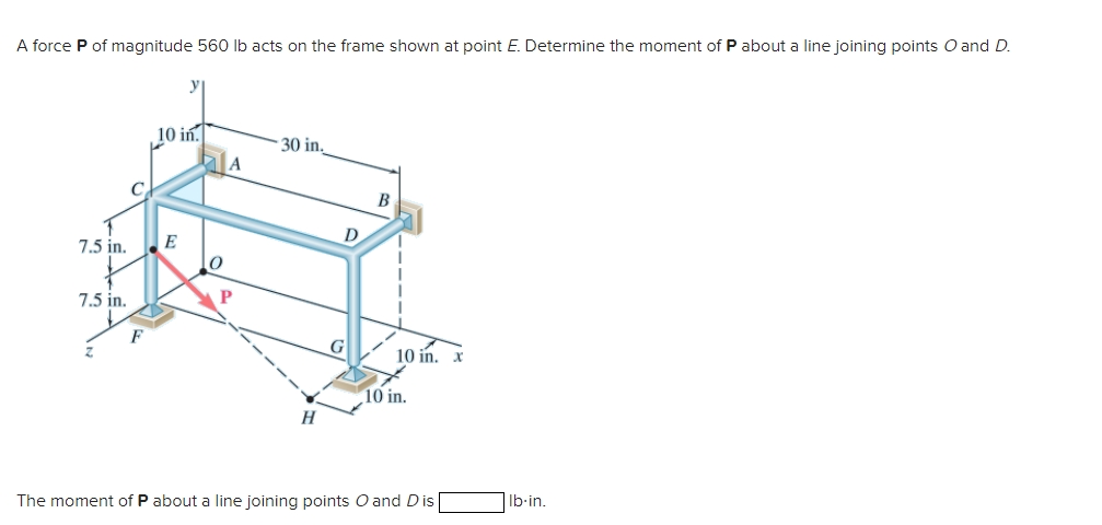 A force P of magnitude 5 6 0 lb acts on the frame