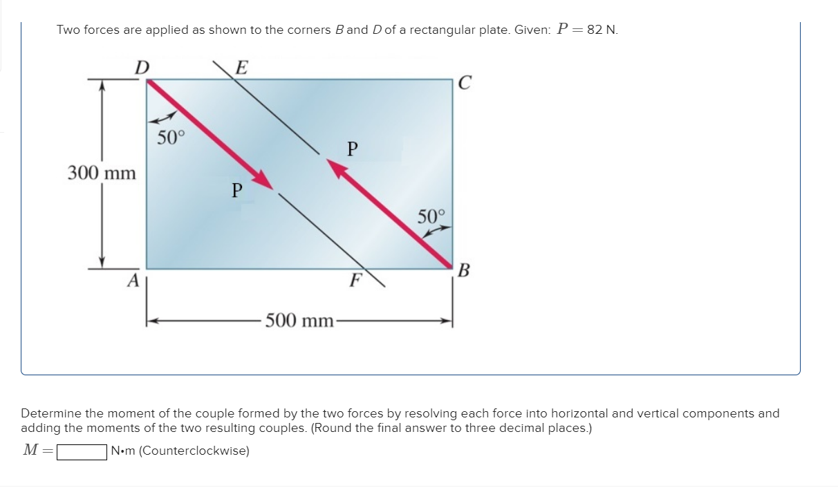 Two forces are applied as shown to the corners \