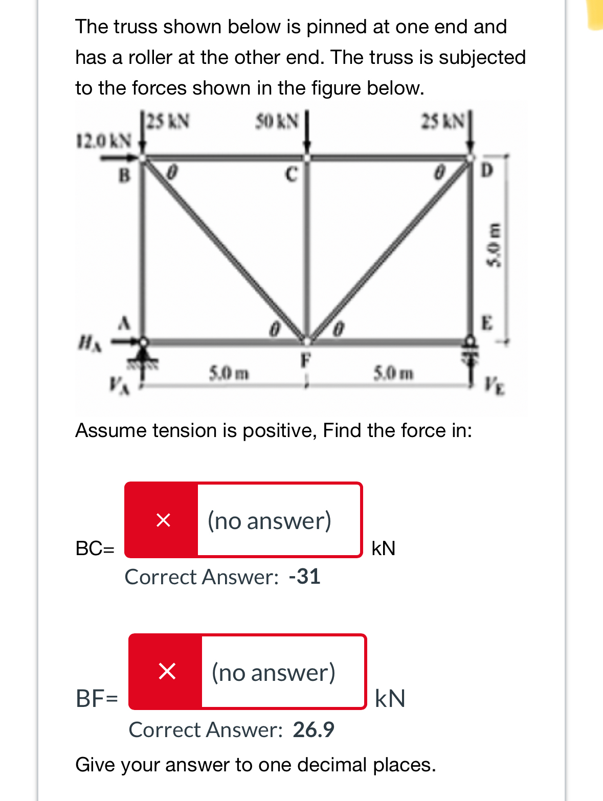 The truss shown below is pinned at one end and