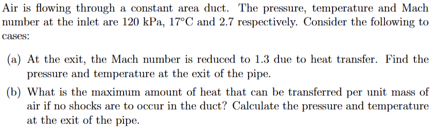 Air is flowing through a constant area duct. The