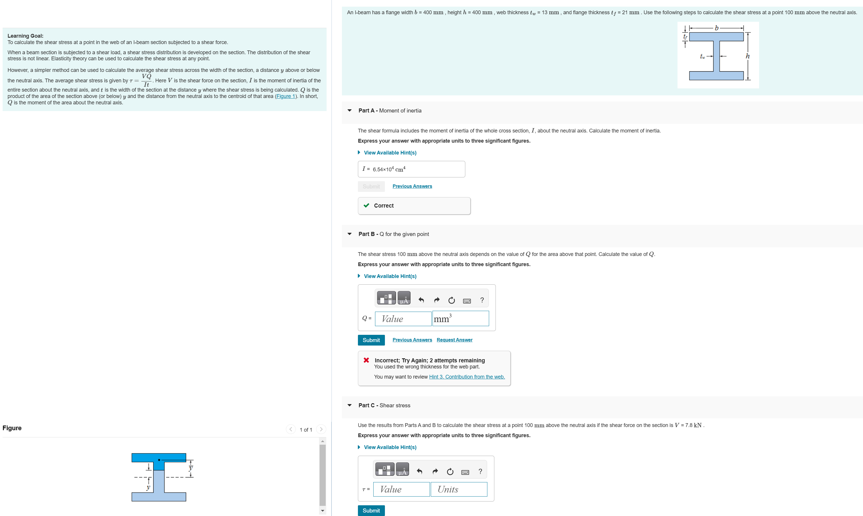 An I - beam has a flange width \ ( b = 4 0 0 \
