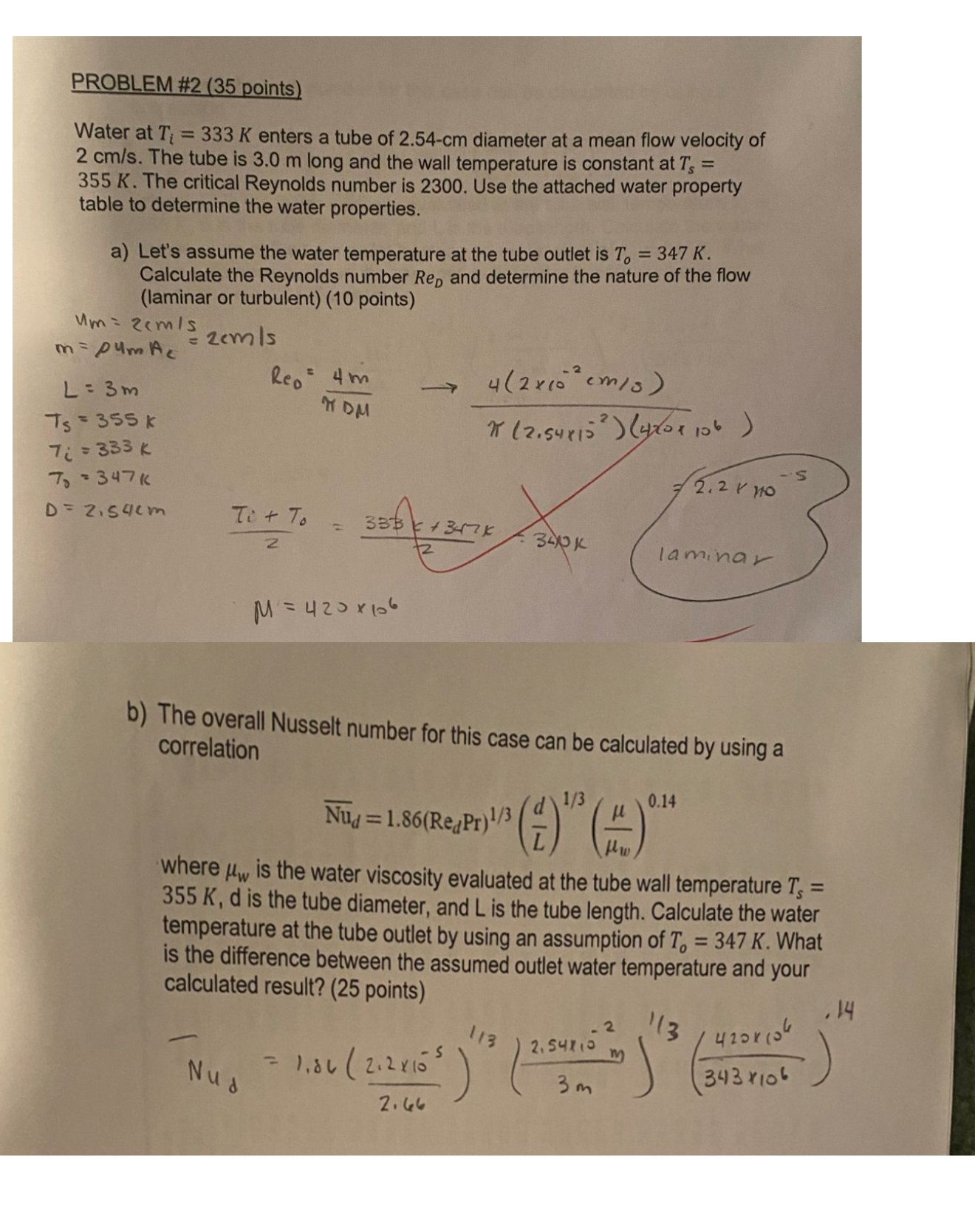 PROBLEM # 2 ( 3 5 points ) Water at T i = 3 3 3 K