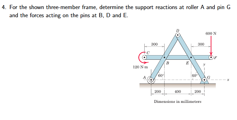 4 . For the shown three - member frame, determine