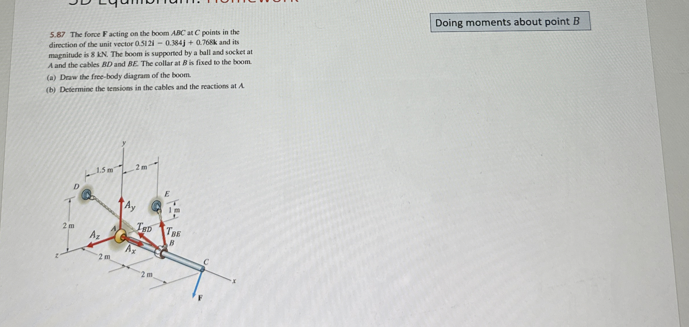 5 . 8 7 The force F acting on the boom ABC at C