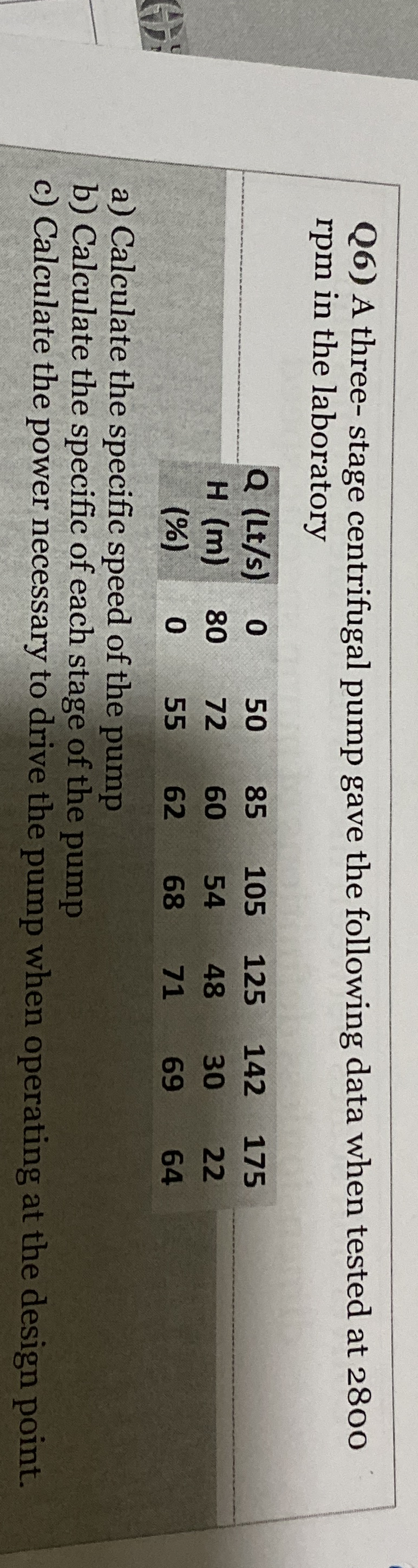 Q 6 ) A three - stage centrifugal pump gave the