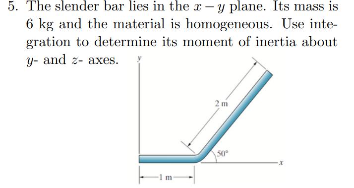 The slender bar lies in the x - y plane. Its mass