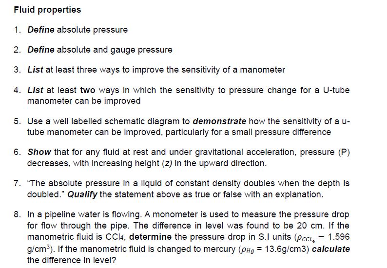 Fluid properties 1 . Define absolute pressure 2 .