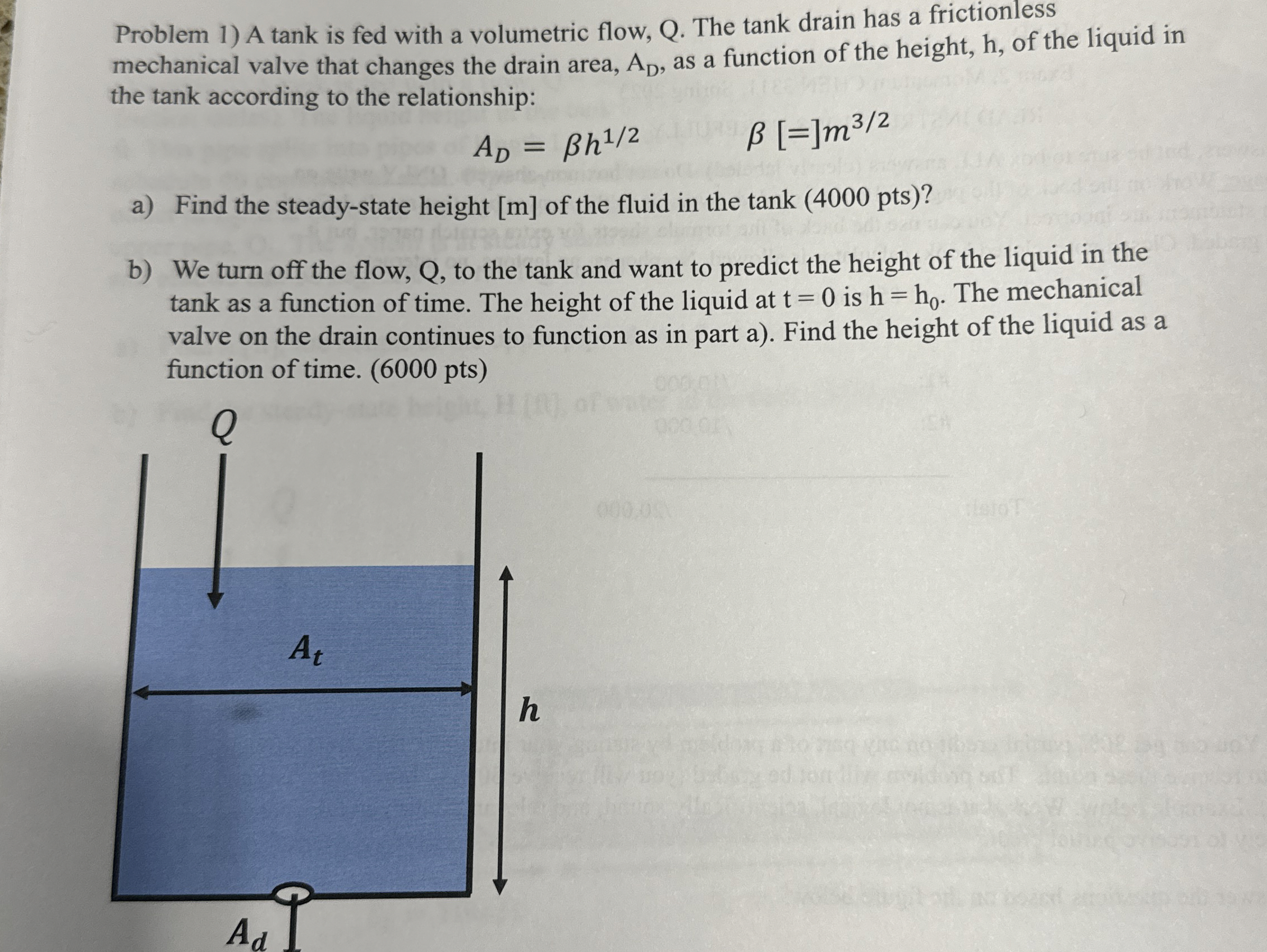 Problem 1 ) A tank is fed with a volumetric flow,