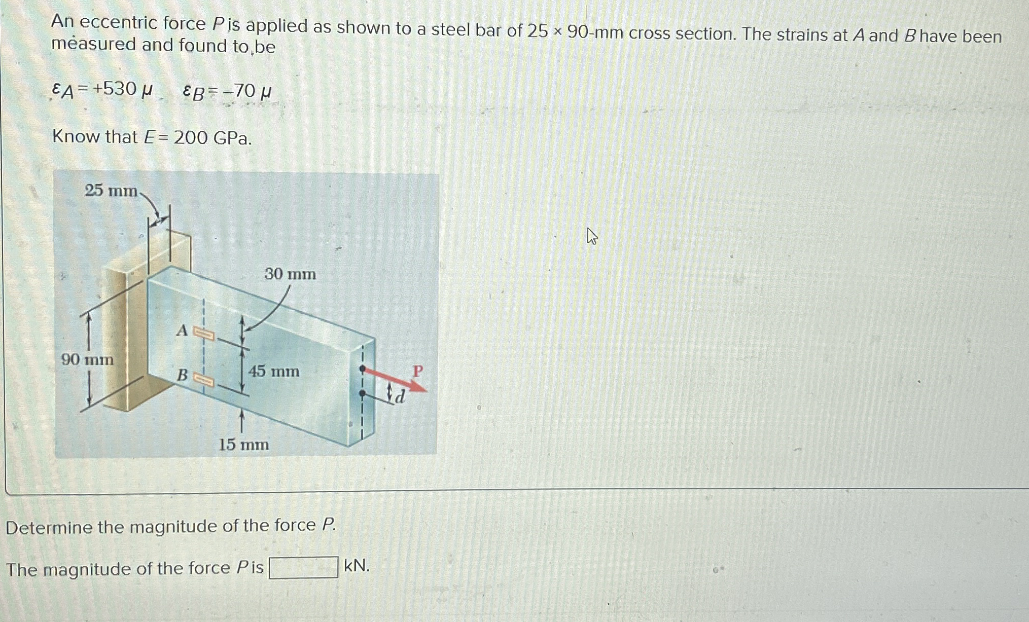 An eccentric force P is applied as shown to a