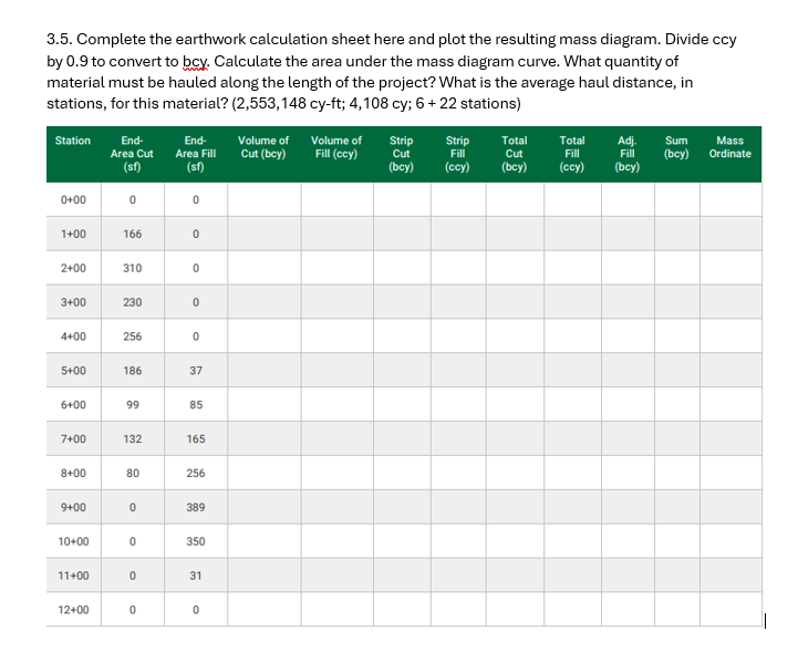 3 . 5 Complete the earthwork calculation sheet