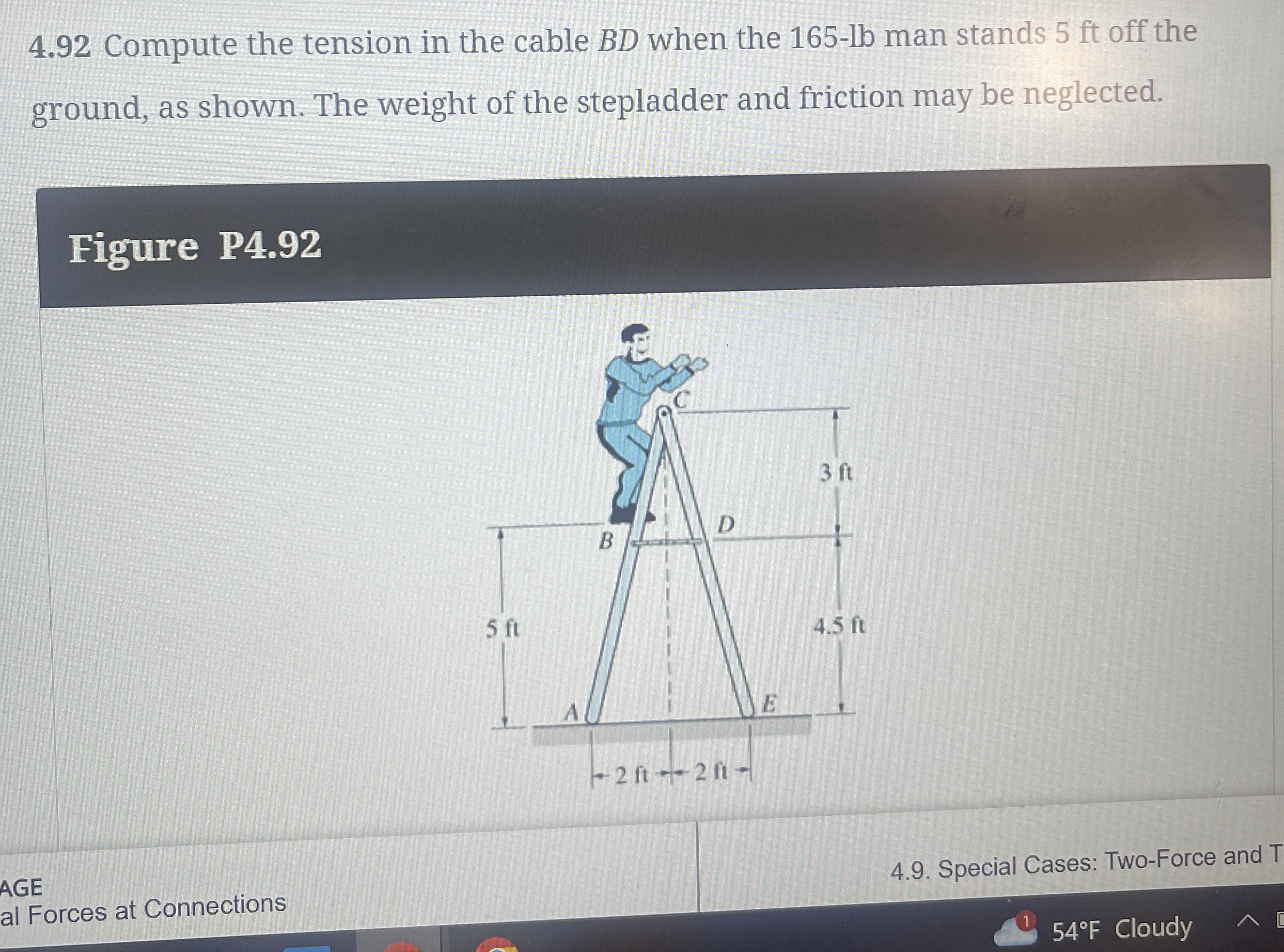 4 . 9 2 Compute the tension in the cable B D when