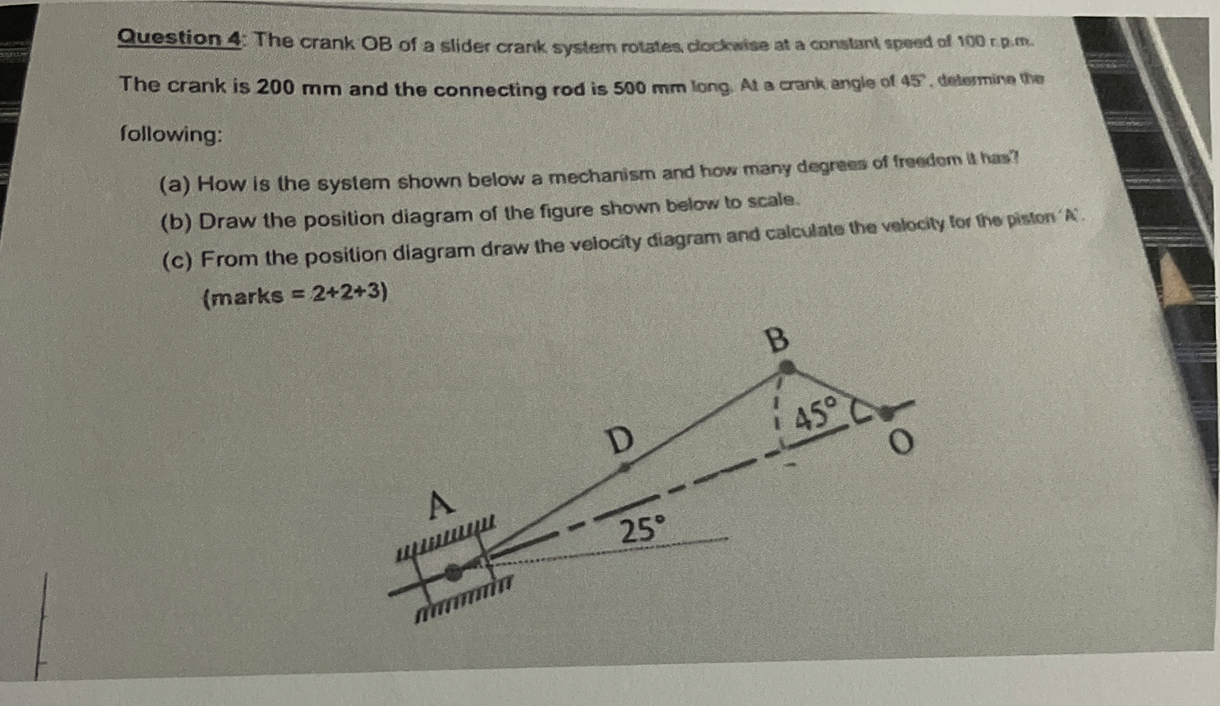 Question 4 : The crank O B of a slider crank