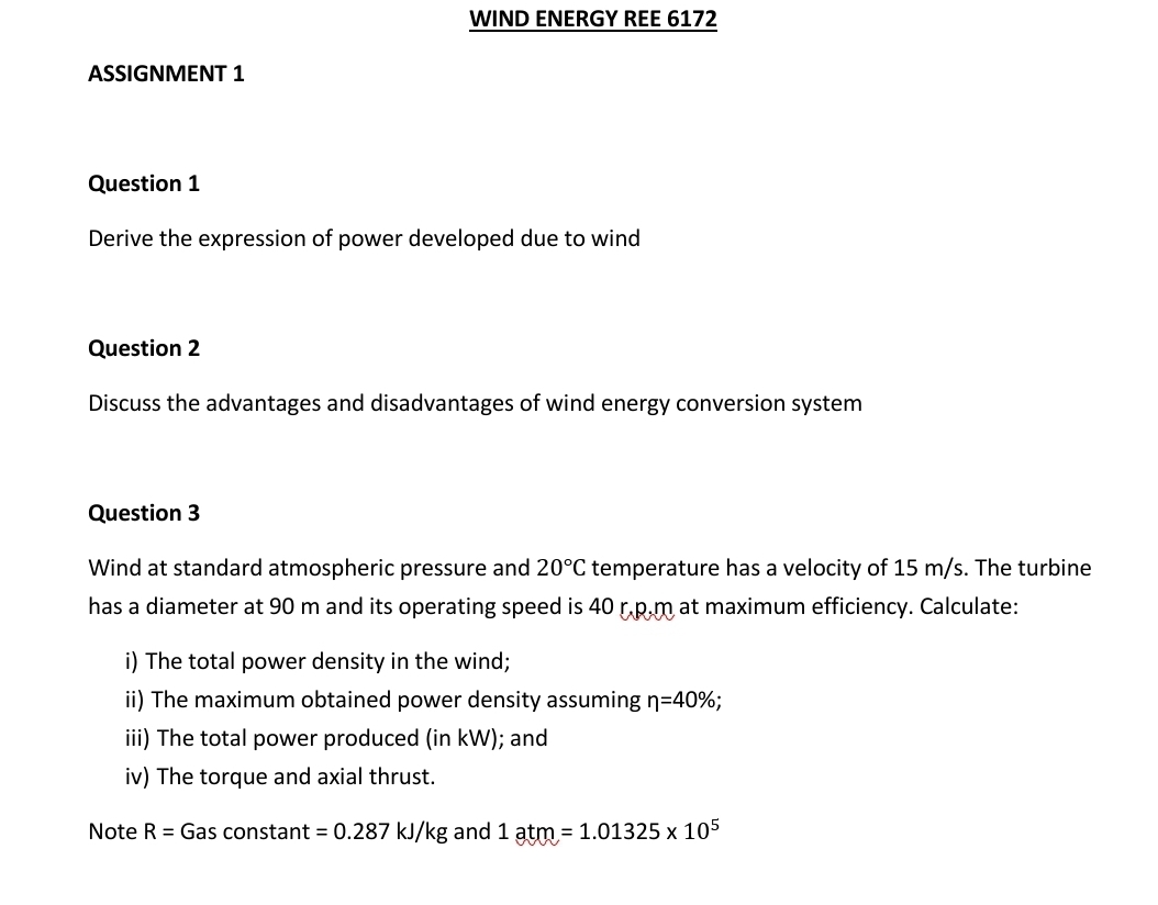 WIND ENERGY REE 6 1 7 2 ASSIGNMENT 1 Question 1