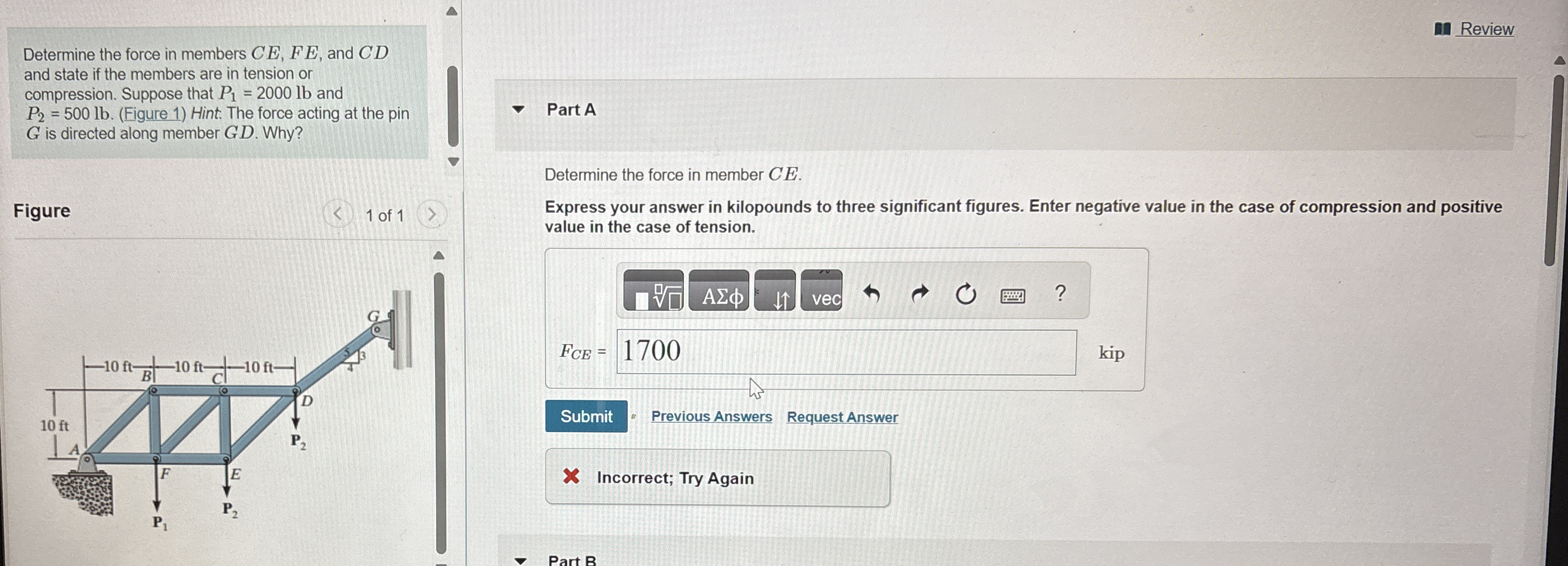 Determine the force in members C E , F E , and C