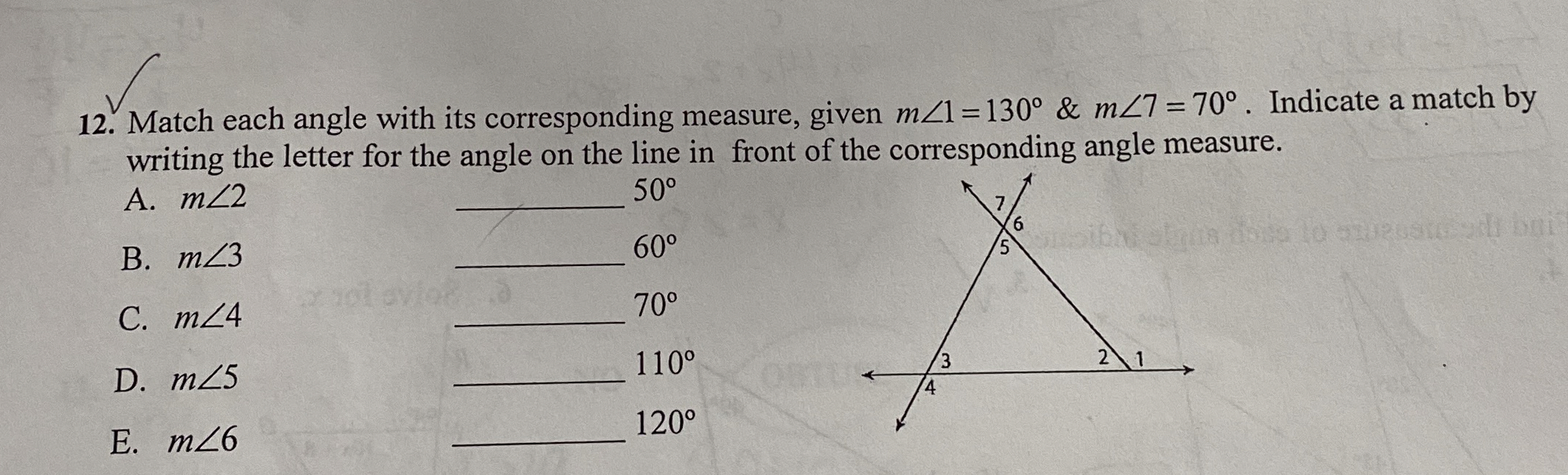 Match each angle with its corresponding measure,