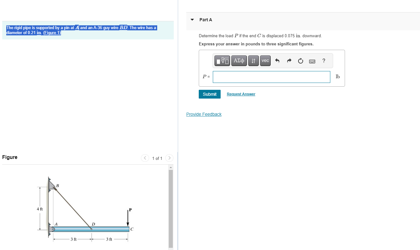 The rigid pipe is supported by a pin at A and an