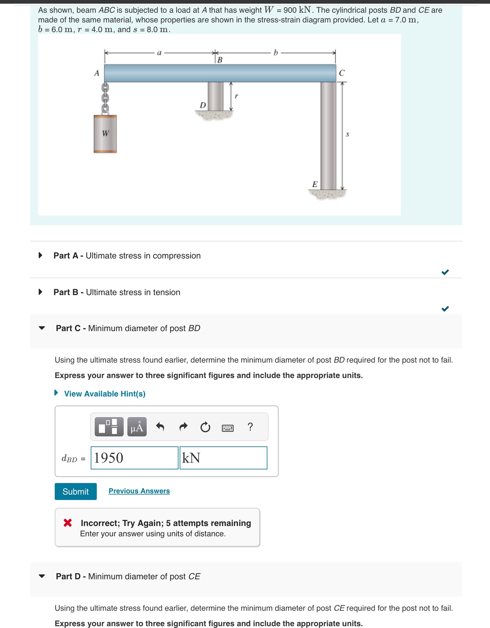 As shown, beam ABC is subjected to a load at A